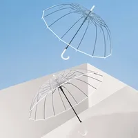 Transparent Umbrella Windproof Strong 16 Ribs, Long Handle Umbrella Woman Rain Waterproof, Semi-automatic Big Umbrella Rain