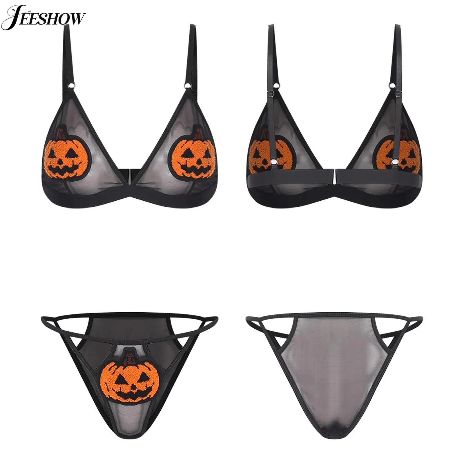 

Womens Spooky Pumpkin Bikini Lingerie Set Halloween Nightwear Sheer Mesh Wirefree Unlined Bra with Mini Briefs Underwear