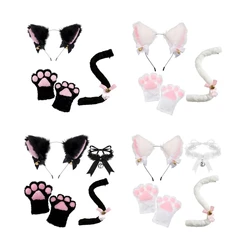 3/4Pcs Cat Costume for Kids-Cat Ears Headband Tail Tail Bell Choler Gloves Halloween Party Animal Cosplay Accessories