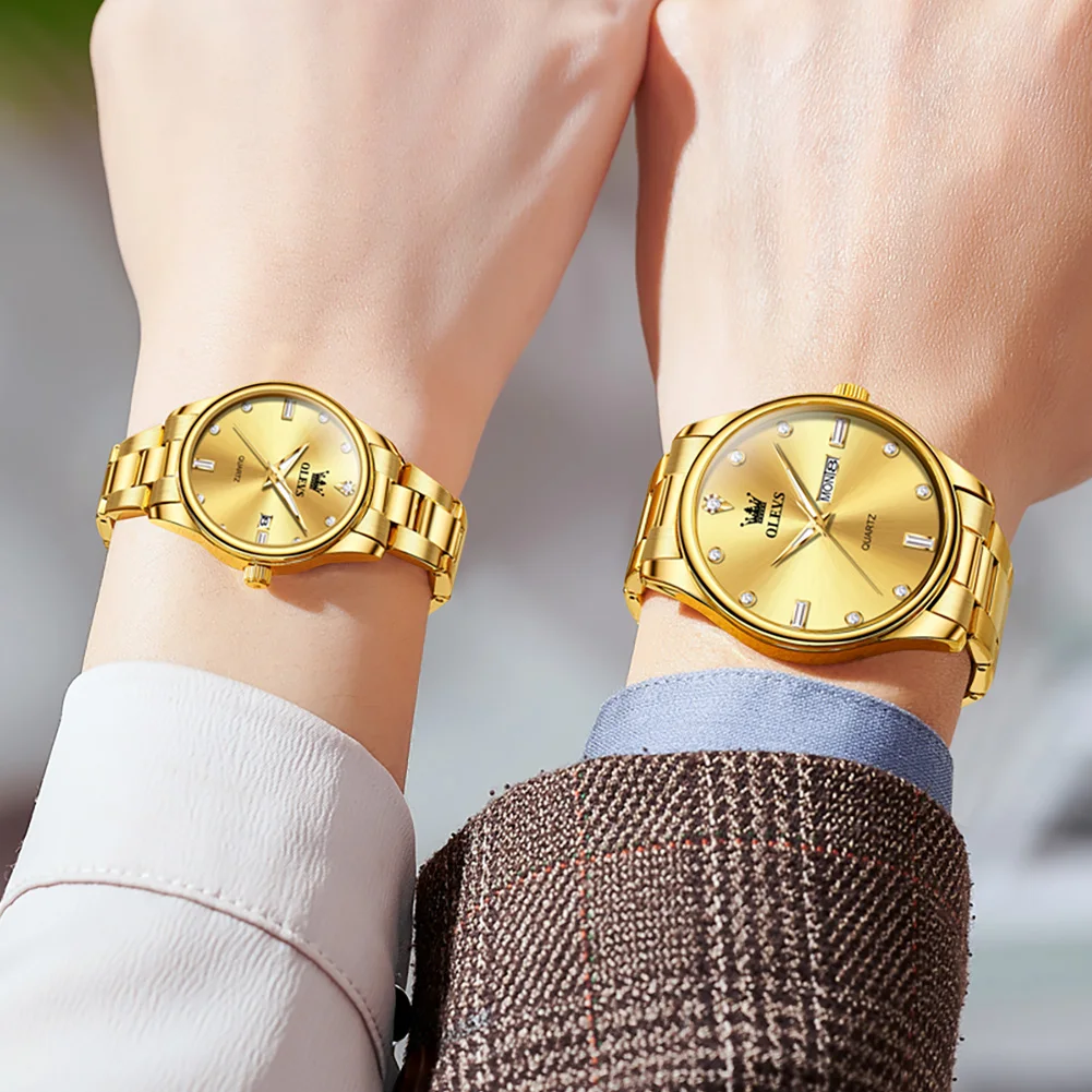 OLEVS Couple Watches Quartz Elegant Highend for Men and Women Steel Strap Simple Fashion Waterproof Pairs Gold Wristwatch Gifts