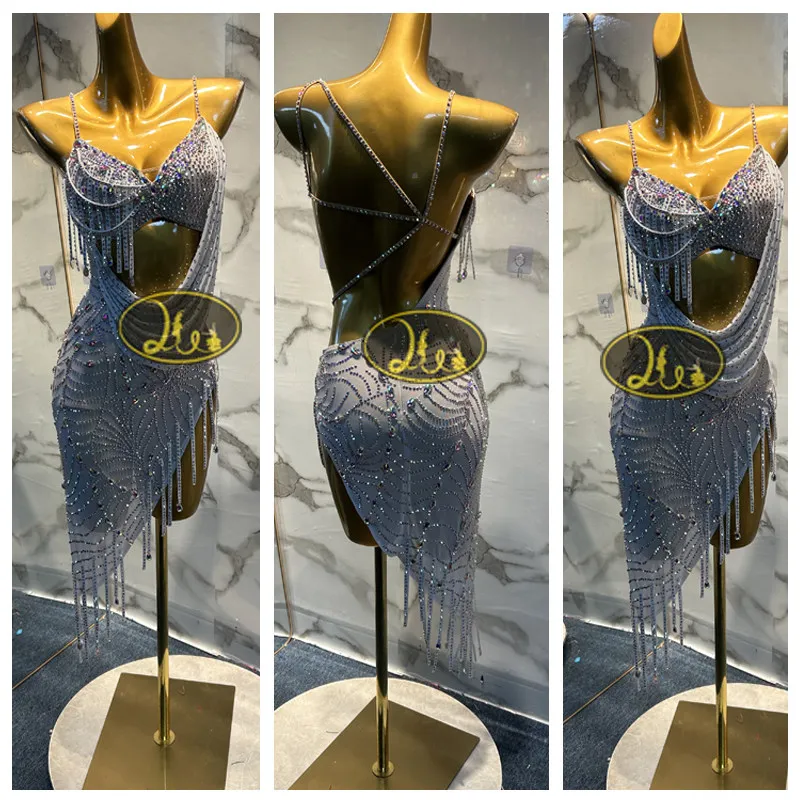 

Latin Dance AB Stone Female Adult Children High end Customized Slanted Tassel Skirt Dress Samba Performance Dress