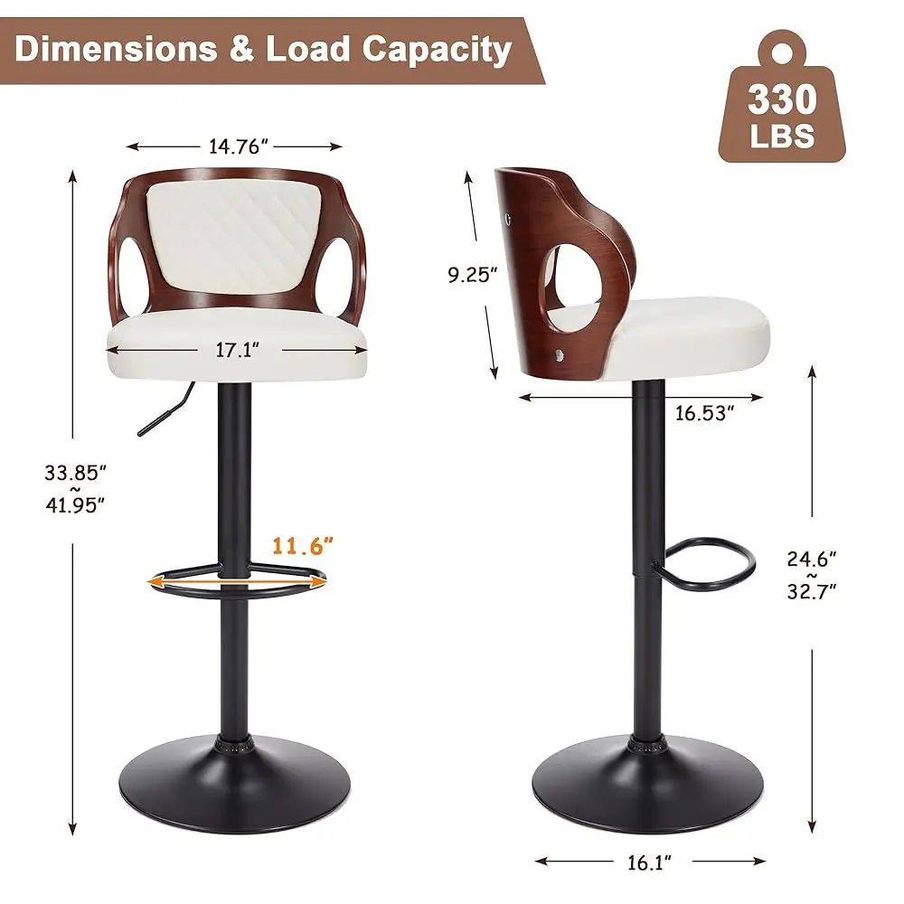 Barstools Set Of 2,Counter Height Stools With Bentwood Back&Arm, Swivel Barstools,Pu Leather Kitchen Island Stools, Adjustable
