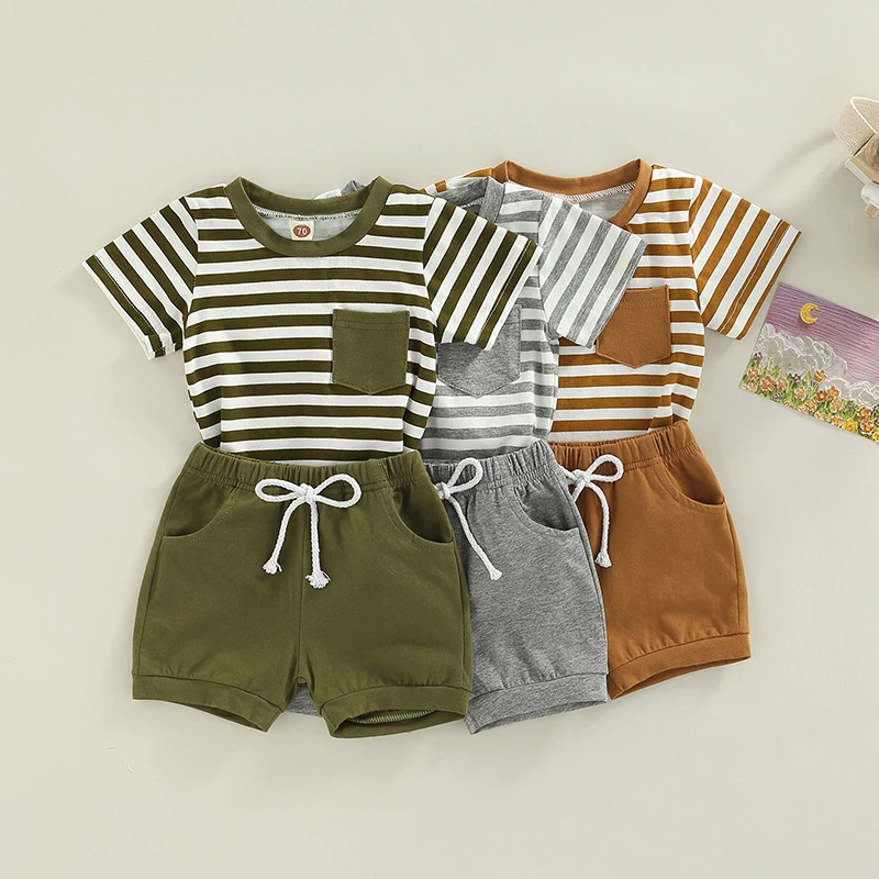 Newborn Baby Boy Clothes Toddler Summer Outfit Short Sleeve Striped Top Infant Shorts Set