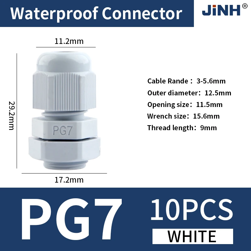 JINH 10Pcs IP68 Cable Gland Set PG7 Nylon Plastic Locking Strain Relief Connector Black White Waterproof Joint for Cable Connect