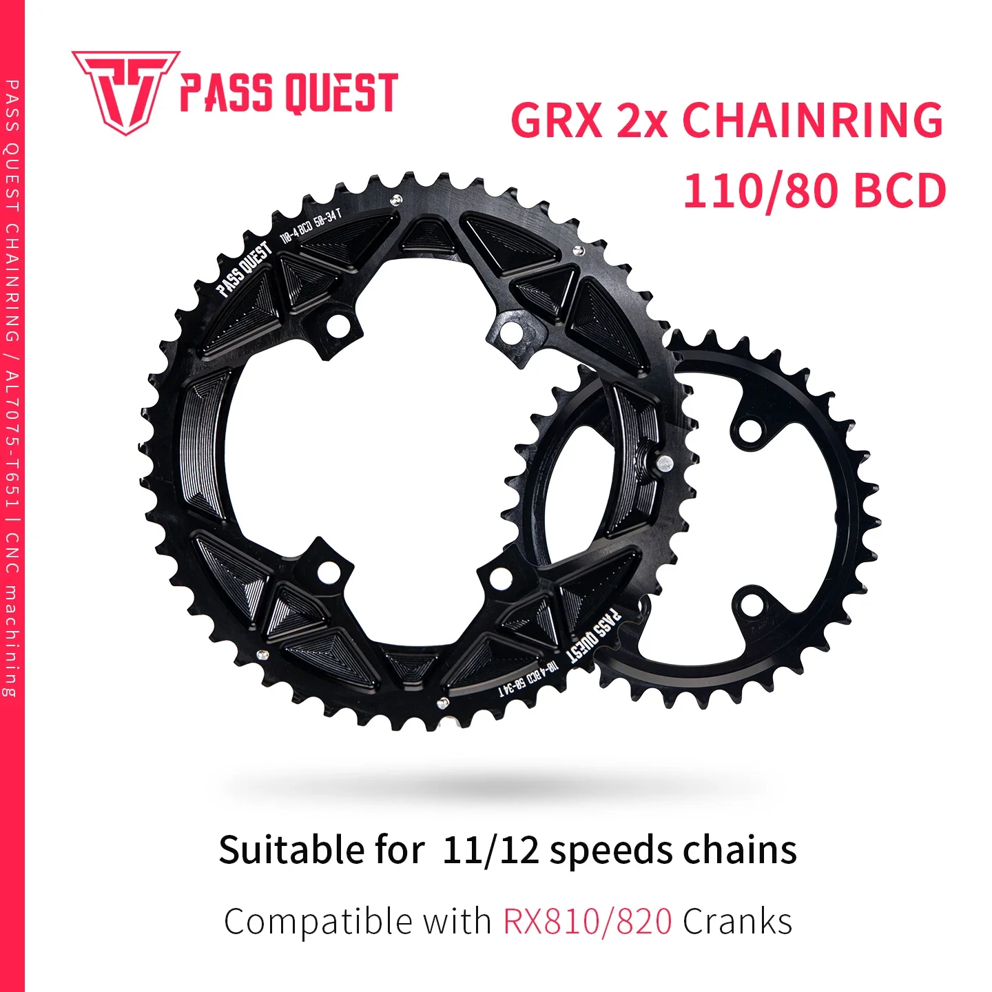 PASS QUEST 2X 110BCD/80BCD für SHIMANO GRX RX810 RX820 Kurbelgarnitur Gravelbike Kettenblatt 11S 12S 44-28T/46-31T/48-33T/50-34T/52-36T