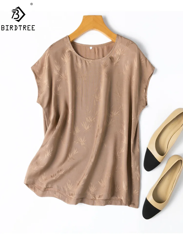 

BirdTree, 100%Real Silk Elegant T-Shirt For Women, Short Sleeve Jacquard, Commute Vintage Loose Tops, 2024 Summer Tees T44843QM