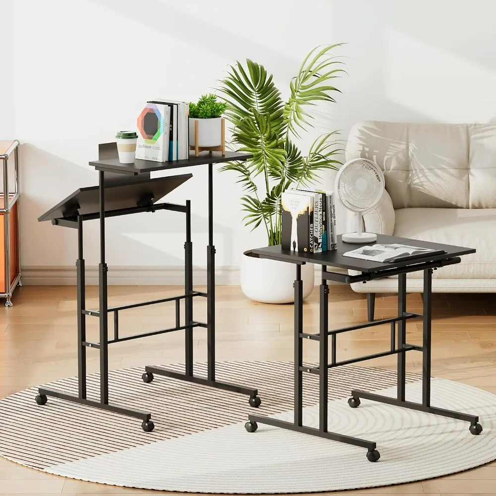 Athena Collection Height Adjustable Rolling Desk Mobile Portable Laptop Stand Cart Small Sit Standing Desk Computer Table Work