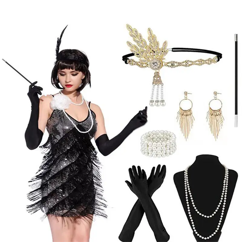 Flapper Charleston Costume Set Girl, Vestido extravagante, Costume Accessories, Colar de pérolas, Luvas, Pinos de cabelo, Cosplay Set, Capacete, 1920