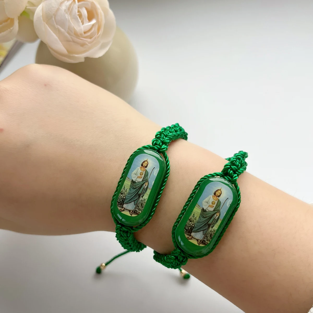 12 Piece Wooden Panel Virgin Mary Saint Jude, Death Drip Oil Weaving Bracelet for Men and Women Prayer Bracelet