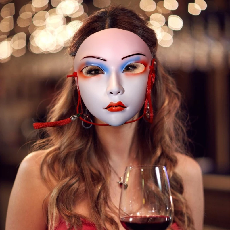 Hand Painted Mask Halloween Party Cosplay Masquerade Full Face for Women Stage Play PP Colorful