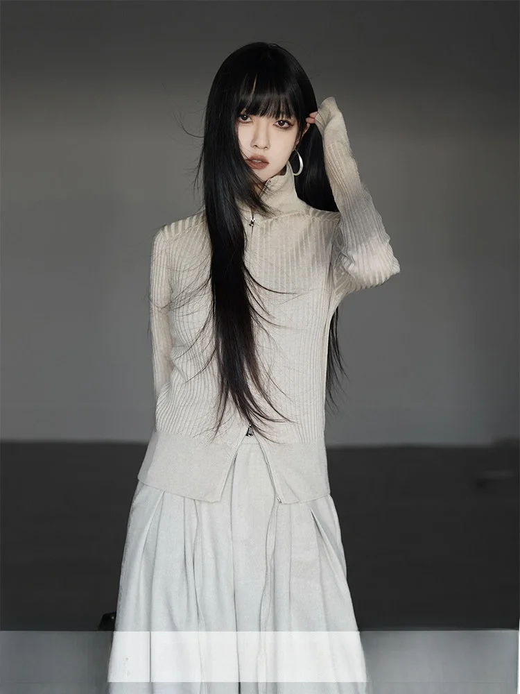 

Double Zipper Stand Collar Long Sve Knitted Sweater Coat Women's Autumn Winter Slim Fit Flattering Pure Color Knitwear Top