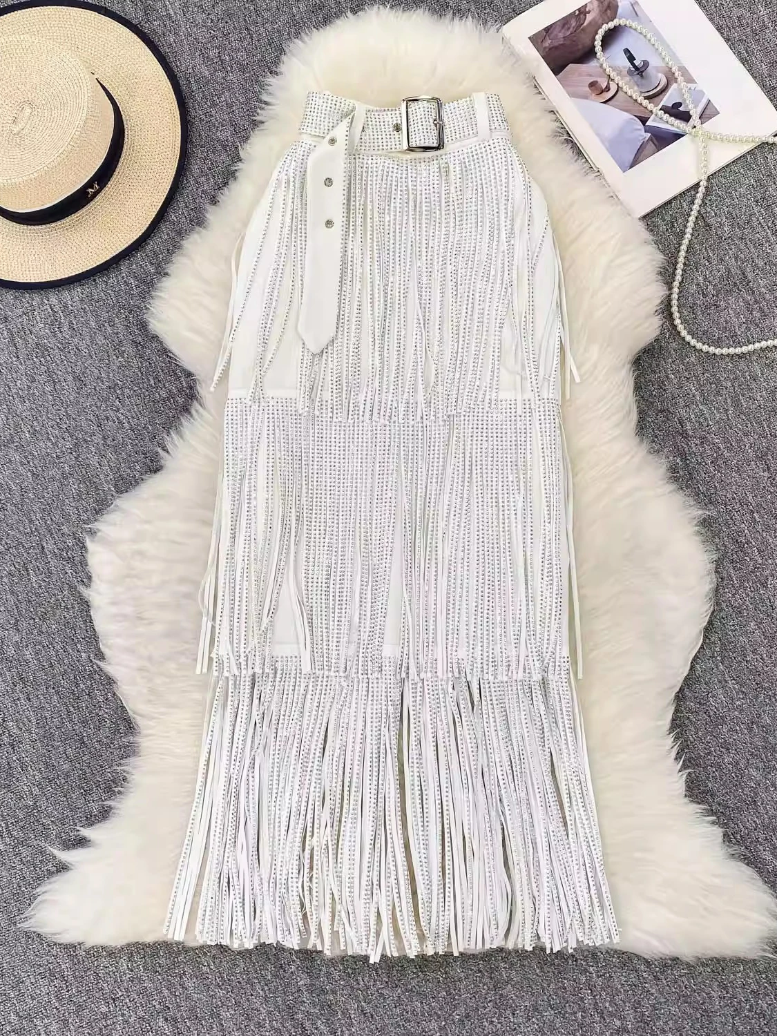 Długa spódnica midi z wysokim stanem, frędzlami i dżetami w kształcie gwiazdek, wyszczuplająca spódnica w kształcie litery A dla kobiet, letnia moda.
