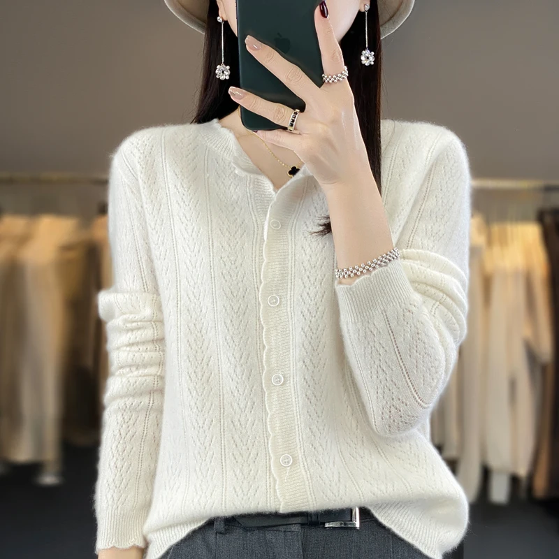 2024 Fashion Women\'s Knitted Cardigan 100% Merino Wool Korean Long Sleeve Sweater Autumn/Winter New Jacquard Knitted Cardigan