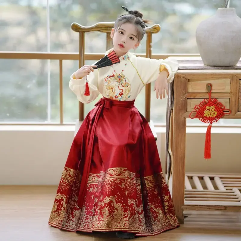 

2025Новая китайская новогодняя одежда Hanfu для девочек, детский зимний теплый костюм Тан, детский бархатный праздничный костюм с вышивкой