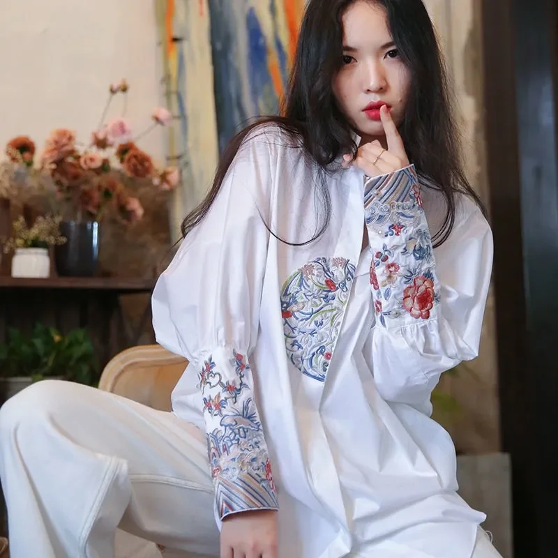 Spring Summer Mid-Long Women\'s Shirt Tops 2024 New Fashion Loose Thin Money Embroider Coat Cardigan Black 3XL Outerwear Female