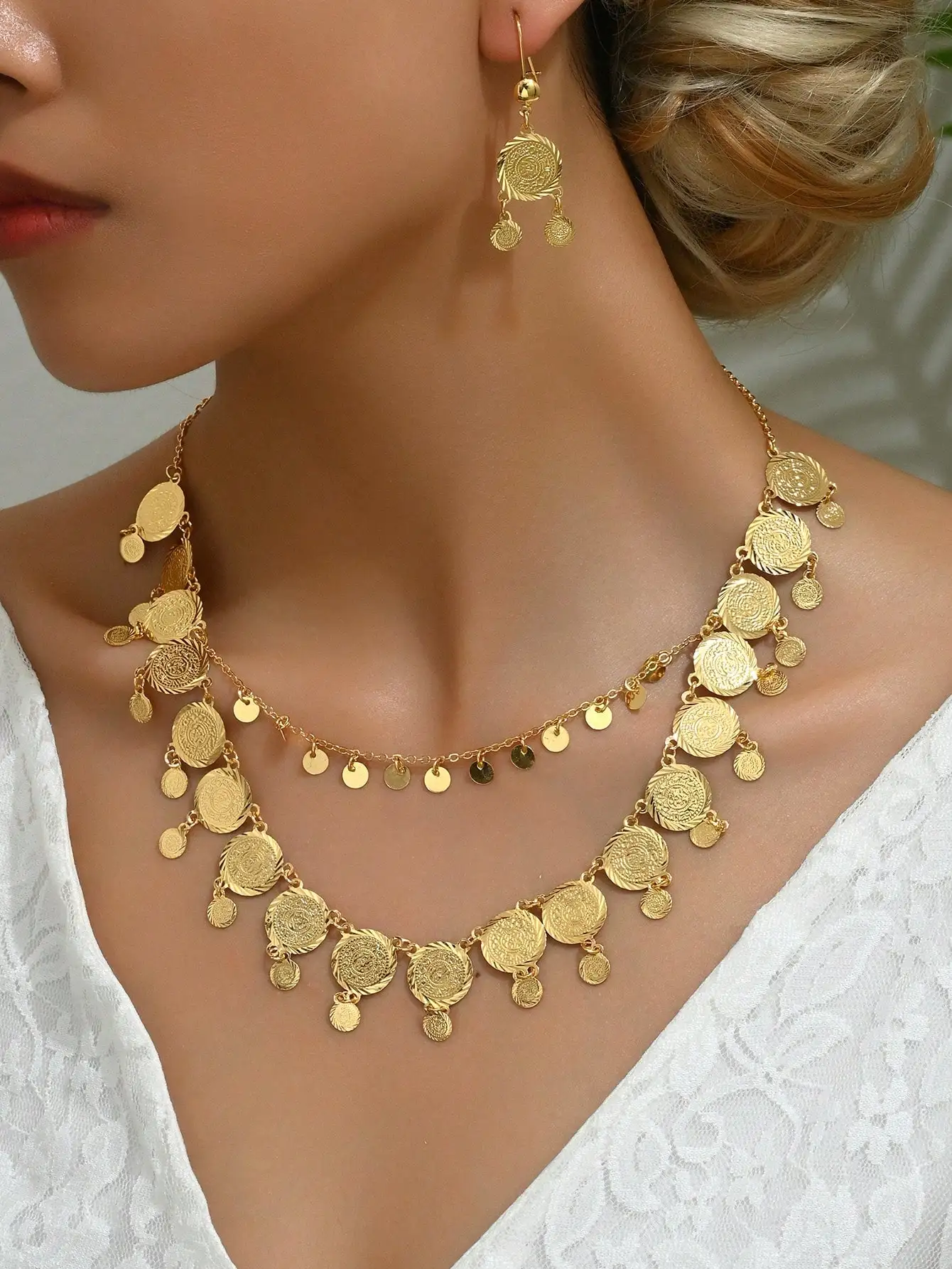 

Luck Jewelry 18K Gold Plated 3-Piece Fashion Vintage Coin Design Pendant Necklace and Earrings Set Gift for Women