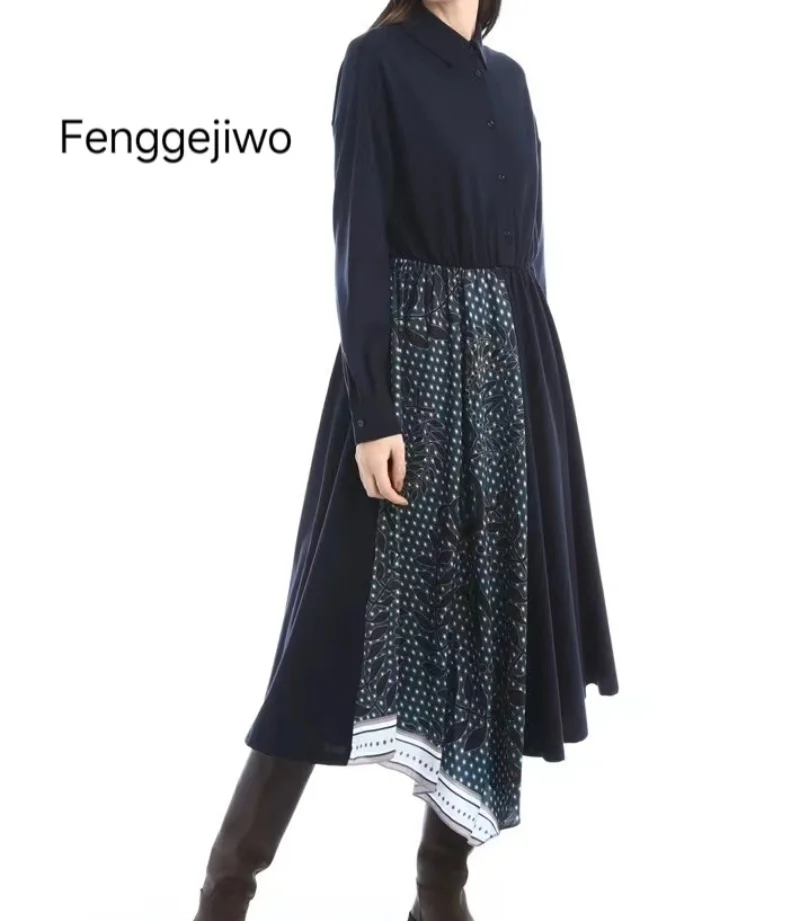 

Fenggejiwo patchwork dress, spring and autumn styles, silk Roman fabric long sleeved dress with waist stitching