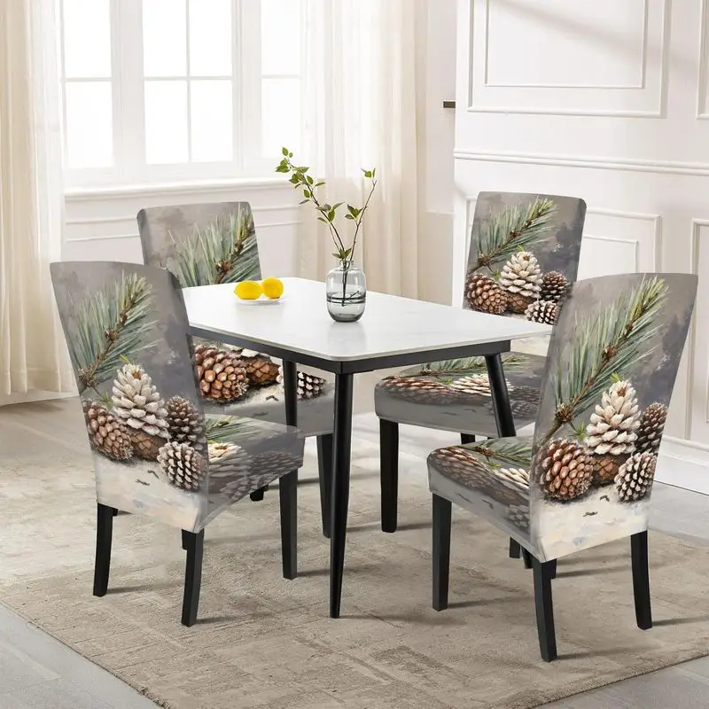 4 out of 6 elastic chair covers printed with pinecones and pine branches, suitable for daily decoration in families and hotels