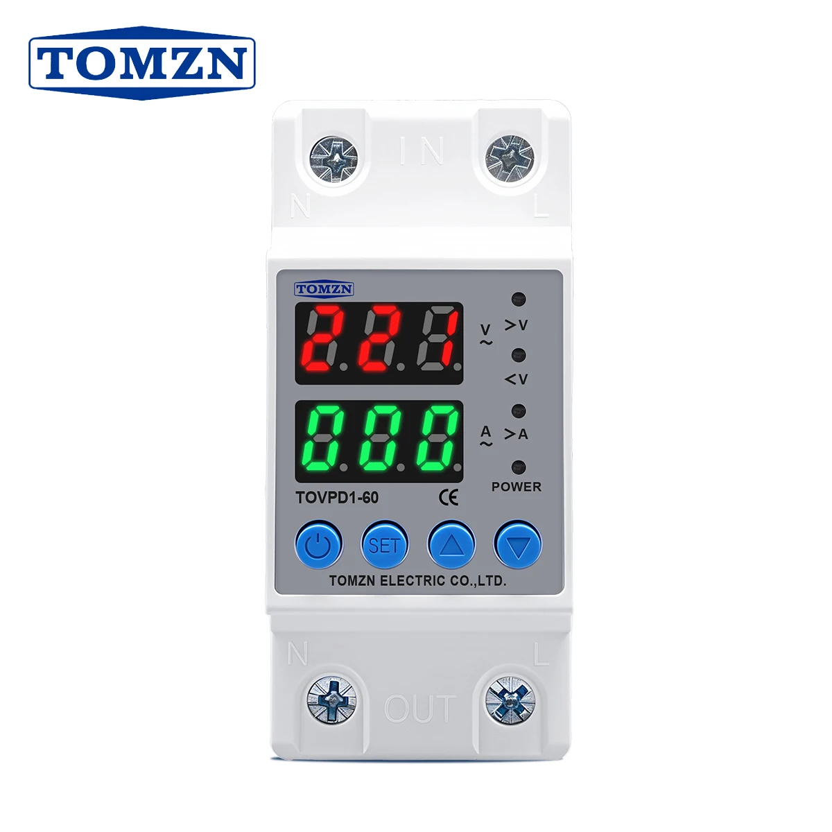 Реле защиты от перенапряжения и пониженного напряжения TOMZN TOVPD1-63, 60А, 230В, на DIN-рейку, регулируемое