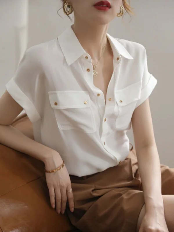 

White Retro Women's Summer Shirt Short Sleeve Cleanfit Polyester Fiber Neck Unbranded Thin Non-deformable Ladies Shirt