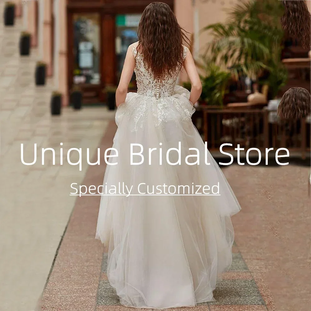 فساتين زفاف أنيقة مخصصة زين رائعة عالية الجودة ألف خط بلا أكمام زر الظهر سويب تراين فستان زفاف المرأة