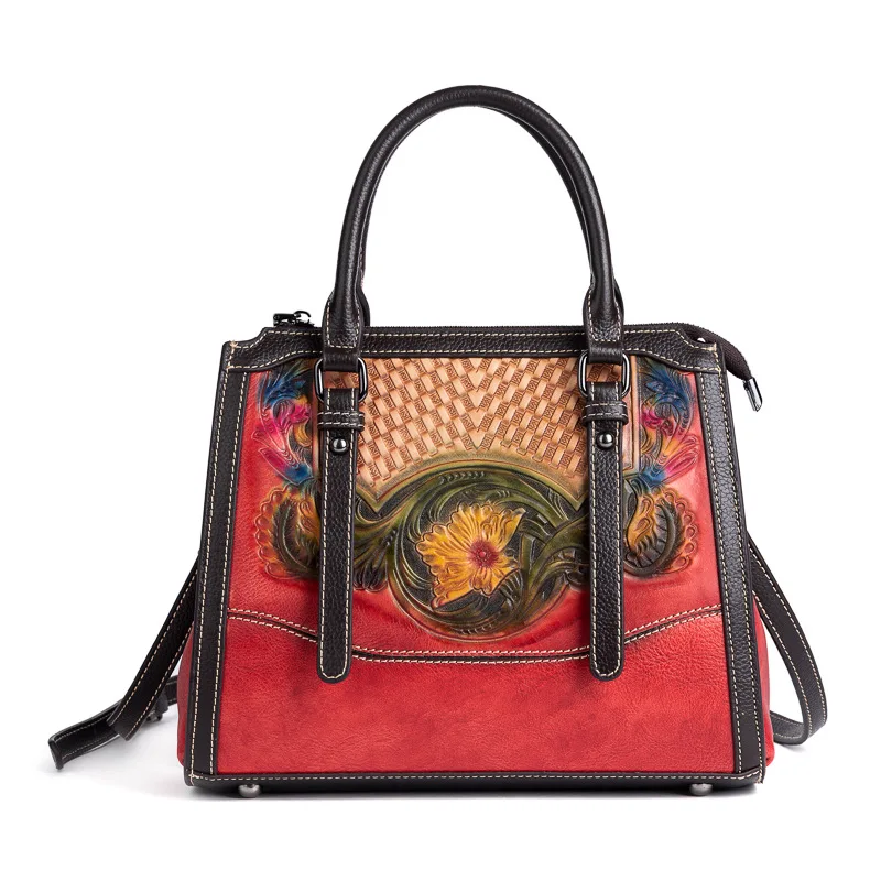 

Ethnic Style Women's Bag 2025 New Embossed Fashion Elegant Handbag with Color-Polished Top-Layer Cowhide Leather, Single Shoulder Crossbody Bag Trendy