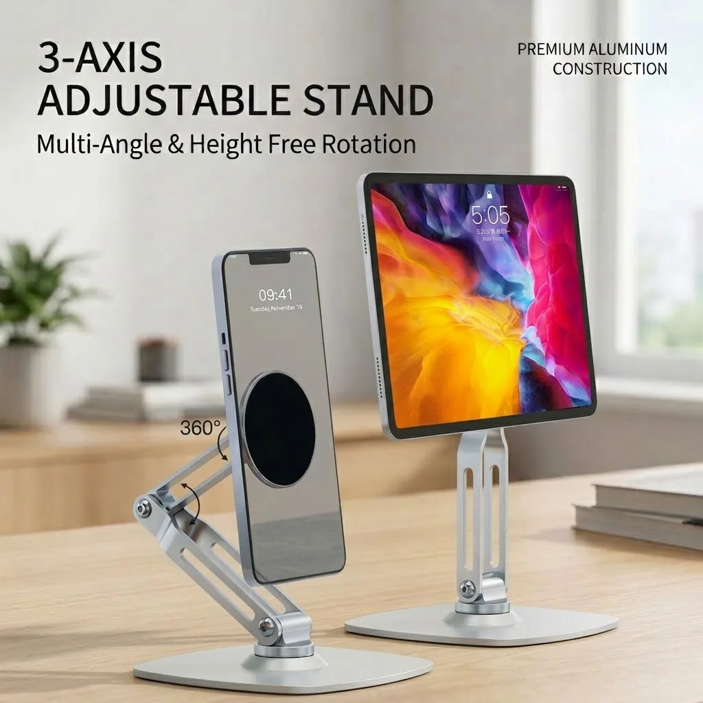 Magnetic Phone Tablet Stand for Desk, 360 Rotating Metal MagSafe Holder, Foldable Adjustable Arm Desktop Mount for iPad iPhone