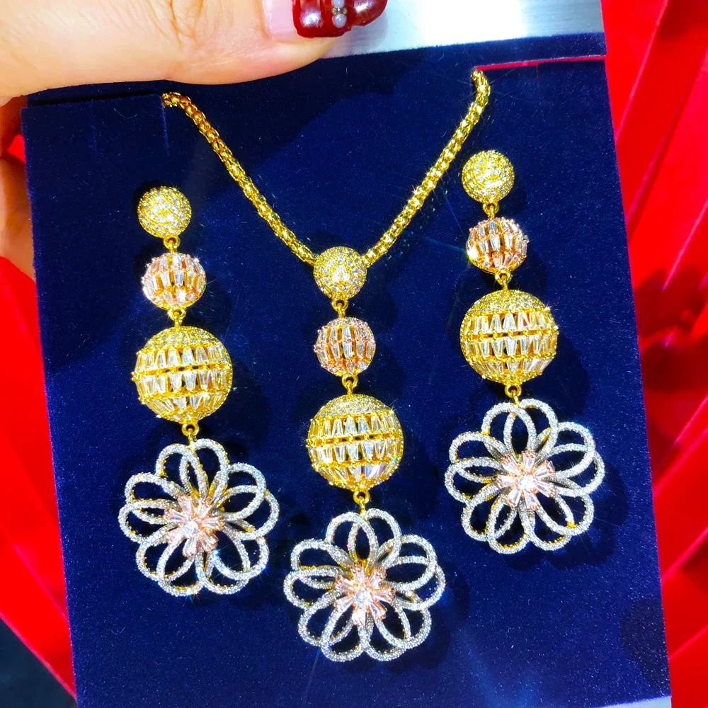 

Kellybola Luxury Long Flower Drop Necklace Earrings Jewelry Sets Super CZ For Noble Women Bridal Wedding Best Gift High Quality