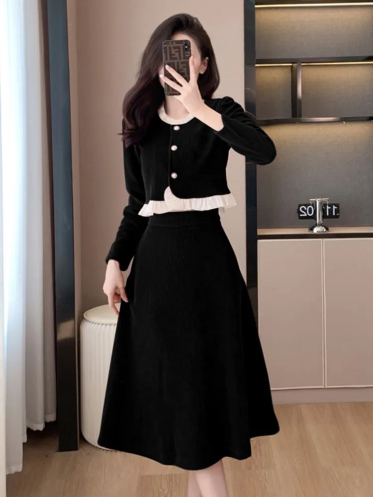 

Corduroy Two Piece Skirt Set Autumn Winter Fashion Women O Neck Ruffles Short Tops +High Waist A Line Midi Skirt Office Outfits