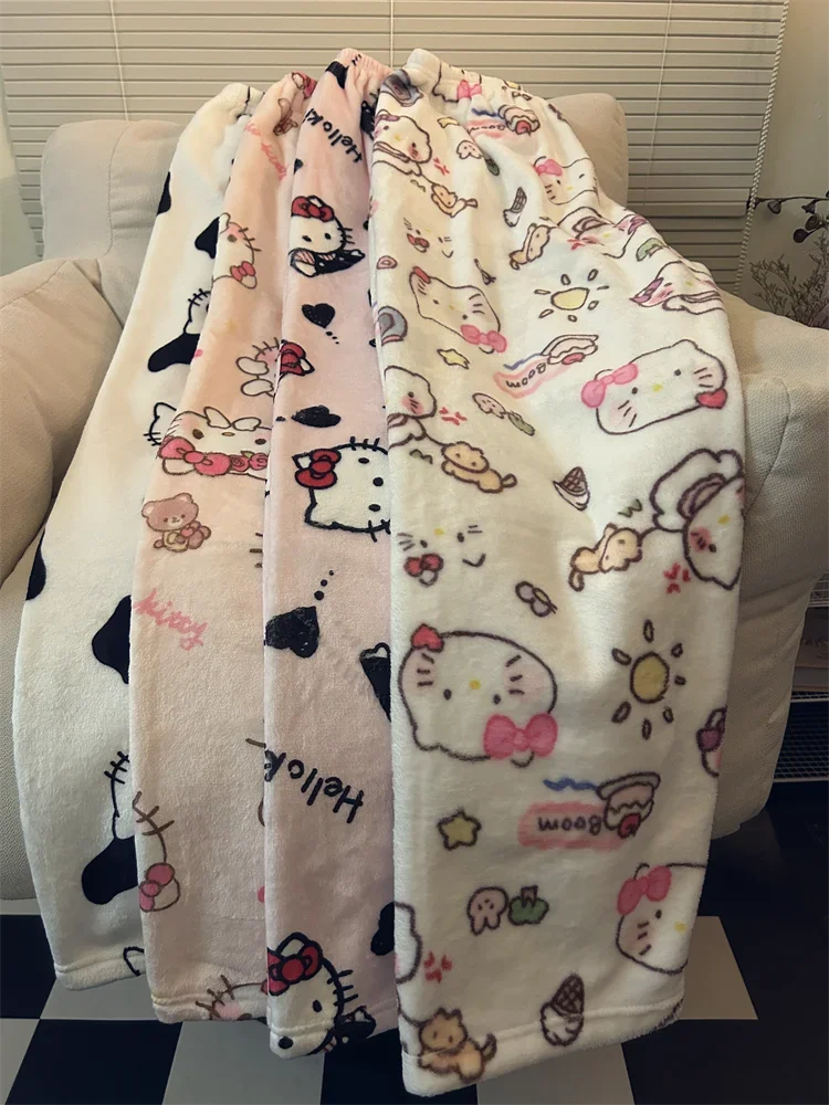 الكرتون مرحبا كيتي السراويل المتسكعون المرجان الصوف بنطلون بيجاما الإناث الخريف الشتاء Kawaii فتاة ملابس فضفاضة هدية عيد ميلاد