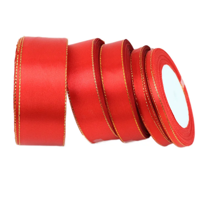 (25 Yards/roll) Red Gold Edge Satin Ribbon Wholesale Gift Handmade DIY Christmas Ribbons (6/10/20/25/40mm)