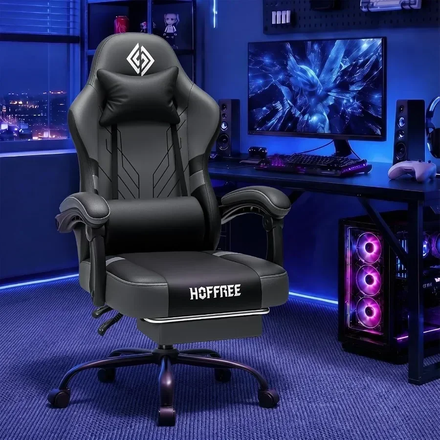 Gaming Chair with 7-Point Massage and Heated Lumbar Support for Home Office UseGrey PU Leather Ergonomic Computer Chair