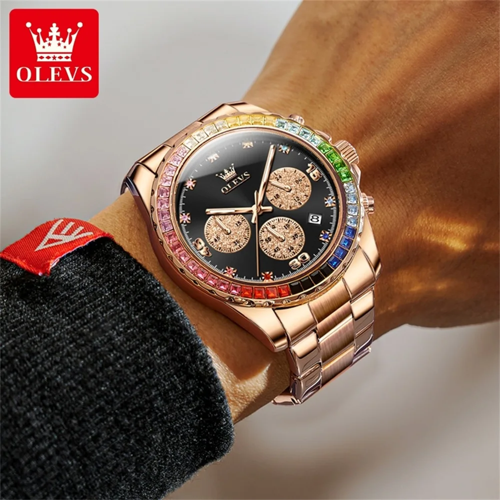 Watch for Men OLEVS Rainbow Gemstone Bezel Business Luxury Top Brand Quartz Watches Waterproof Sports Watches reloj hombre