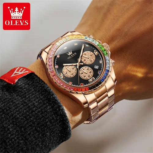 Imagen 2 del producto Reloj para hombre OLEVS, bisel de piedras preciosas de arcoíris, relojes de cuarzo de marca superior de lujo para negocios, relojes deportivos impermeables, reloj para hombre