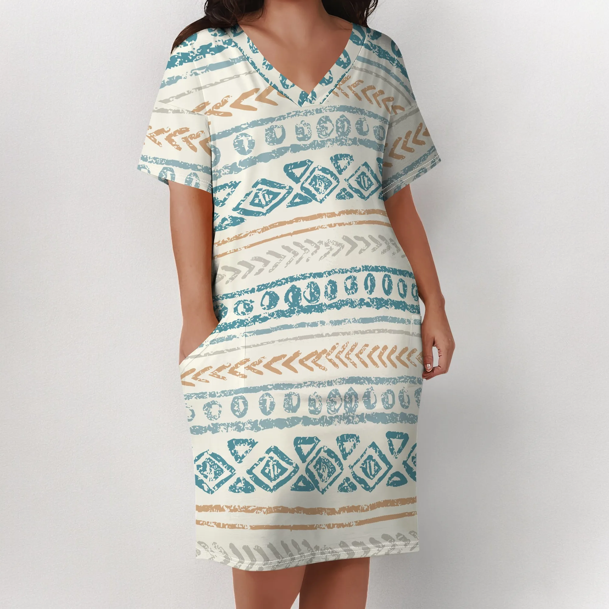 Plus Size Floral Print Dress for Women Summer V Neck Casual T Shirt Dress with Pockets Elegant Style