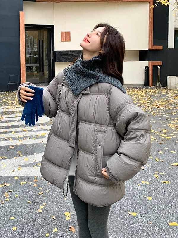 니트 스탠드 칼라 브레드 슬레 다운 자켓 여성용 오트 써 따뜻한 아우터웨어 캐주얼 루즈핏 화이트 듀 다운 충전재