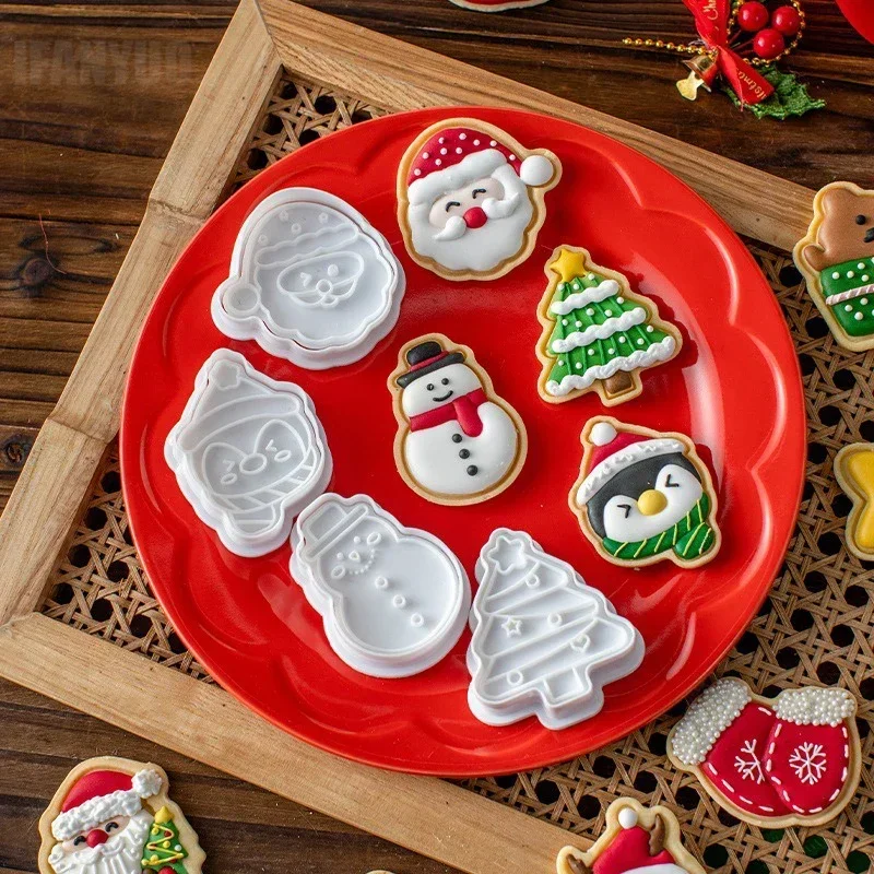 8/10Pcs Cookie Cutter Press Christmas Theme Biscuit Molds  Stamp Plastic Confectionery Kitchen Supplies DIY Baking Pastry Tools