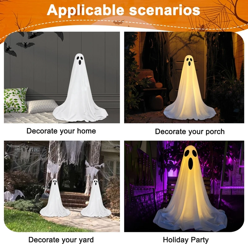 ABKD زينة الهالوين في الهواء الطلق - قطعتان من أشباح القماش الأبيض المضاء الكبيرة - أشباح لطيف مع 20 أضواء سلسلة LED تضيء #2