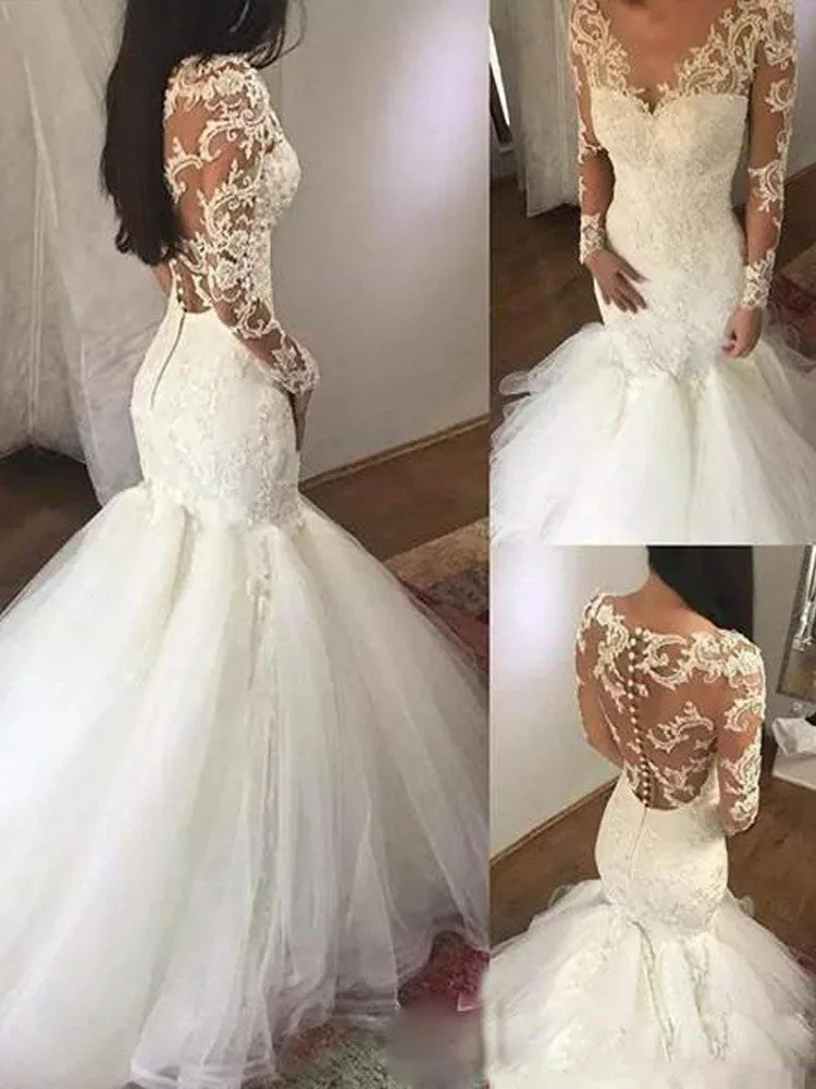 ヴィンテージ長袖アップリケマーメイド結婚披露宴ドレスアフリカ V ネックフロアレングスチュールブライダルガウンローブデマリー