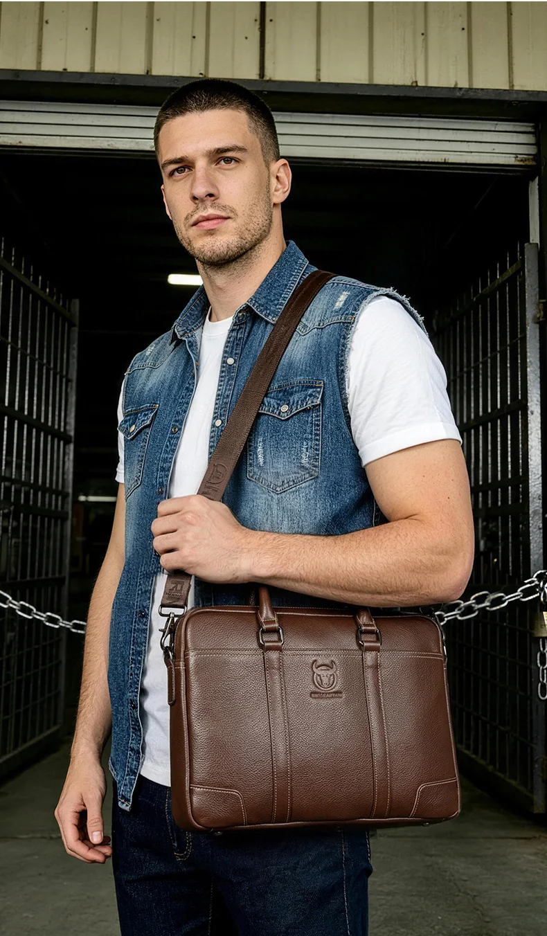 BULLCAPTAIN Echtleder Herren Aktentasche Business Handtasche Echtes Rindsleder Laptop-Tasche Casual Schulter-Umhängetasche für Männer – Detail 2