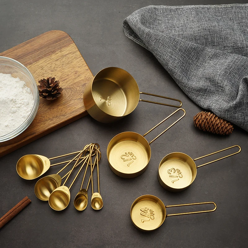 Stainless Steel 5 piece Measure spoon and 4 piece Measure Cup SetMultifunctional Golden Measuring Spoon Set Home Kitchen Accesso