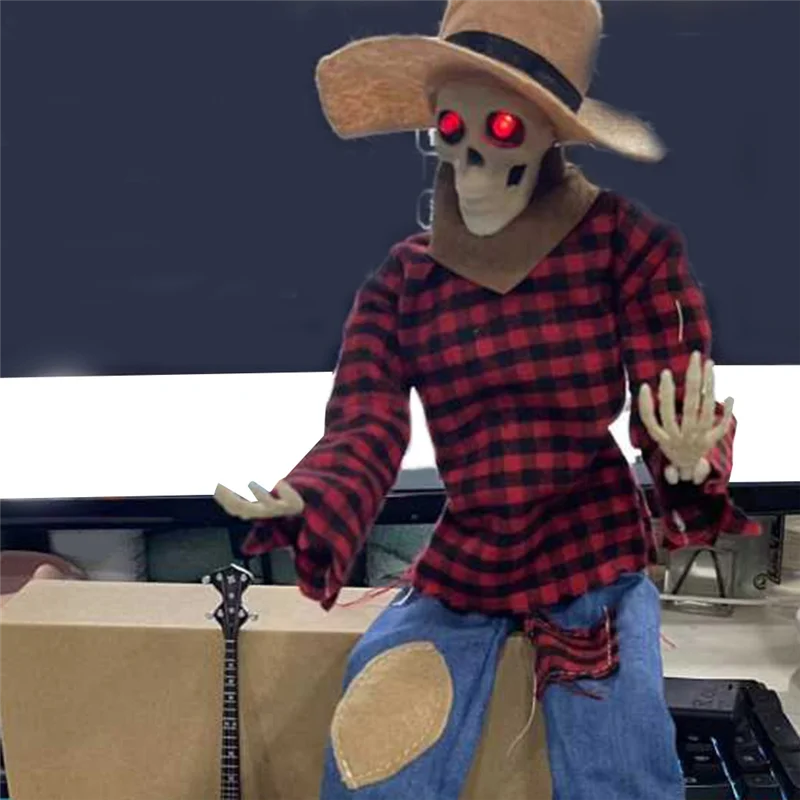 Halloween Fiddler Esqueleto Ornamentos, Assustador com olhos vermelhos LED, Decoração Pendurada Assustadora, Prop