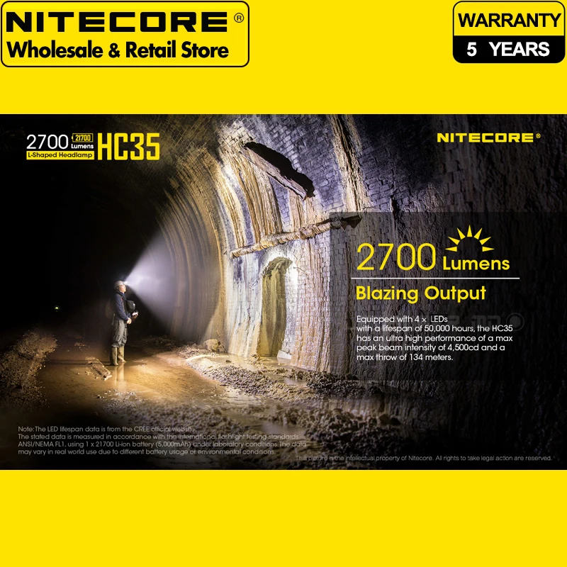 Working Light Nitecore HC35 4 x LEDs 2700 Lumens Next Generation 21700 L-shaped Headlamp with 4000mAh Battery