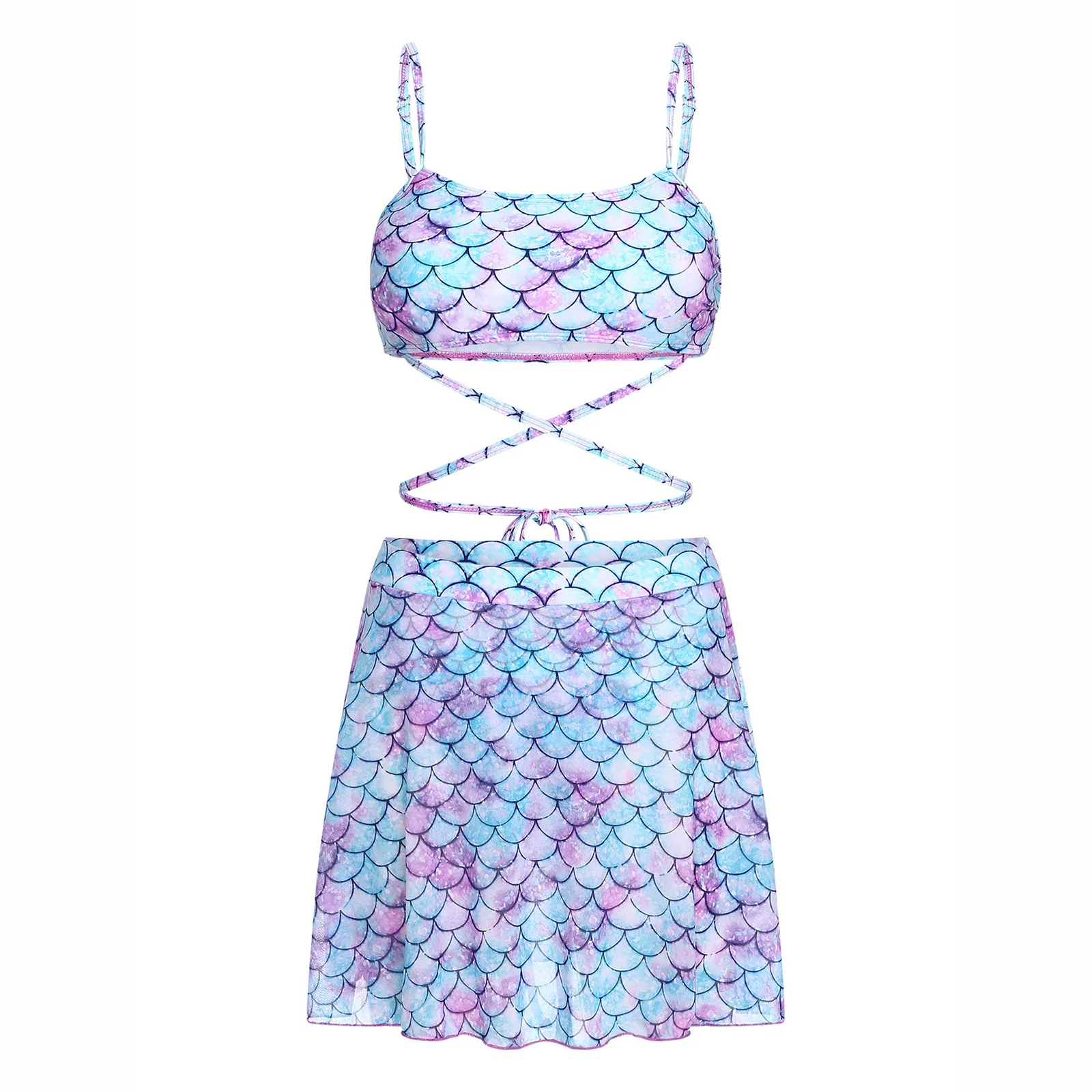 

Womens Two Pieces Swimsuit Fish Scaled Mermaid Chest Pads Cross Straps Tankini Swim Tops and Mesh Skirt Set Summer Bathing Suit