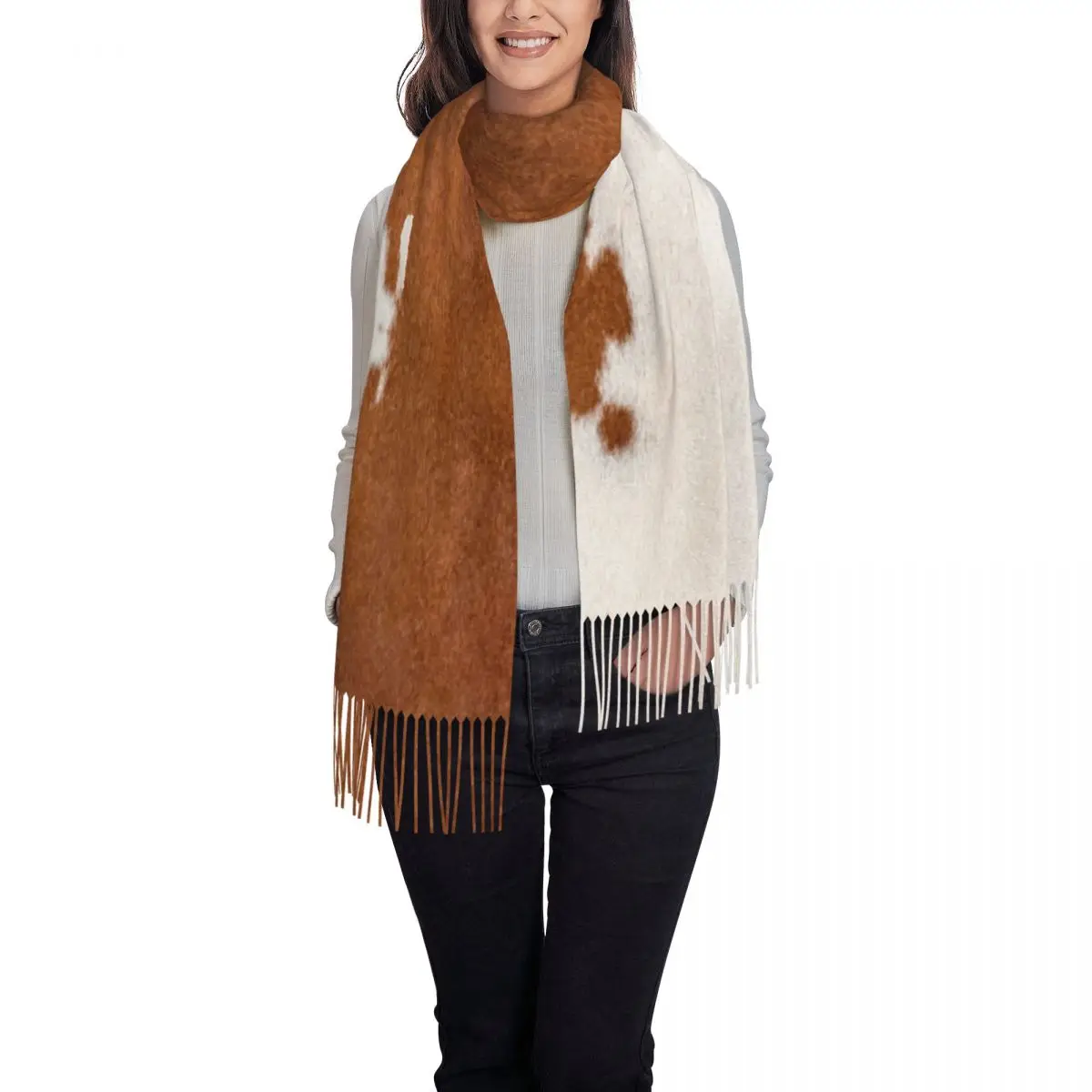 Selendang Bulu Sapi Tekstur Kulit Sapi Motif Kulit Sapi dengan Rumbai untuk Wanita, Selendang Lembut dan Hangat, Selendang Panjang untuk Musim Gugur dan Musim Dingin