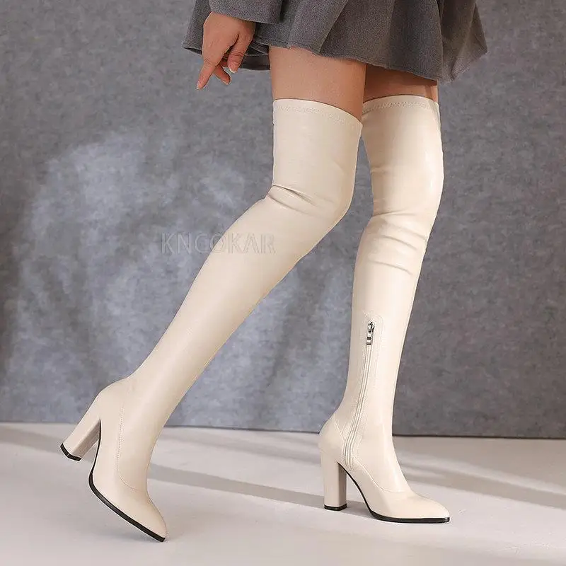 

New round head thick heels, high heels, sexy thighs, high boots, women's autumn and winter elastic leather knee boots