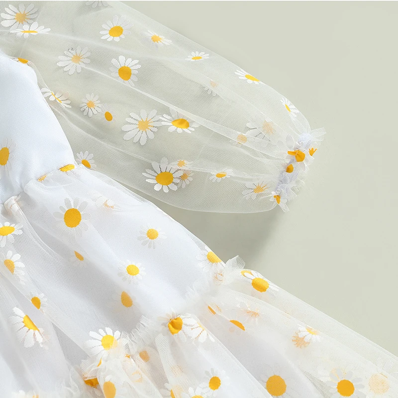 Cute Toddler Baby Girl Princess Dress Elegant Daisy Print Long Sleeves Mesh Tulle Party A-Line Dress for Toddler 3M-3Y