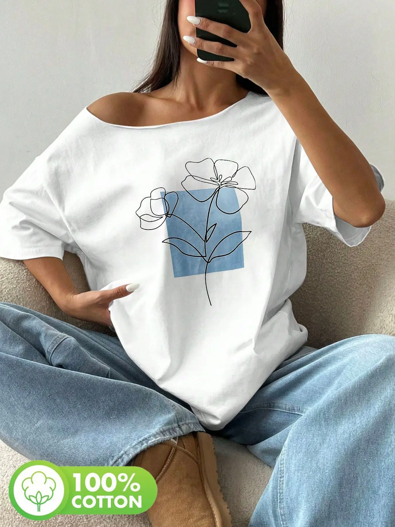 

Plus Size 100% Cotton Shoulder Loose Print T-Shirt Oversized Y2K Style Graphic Tees Women Tops Summer Off The Shoulder Top wi