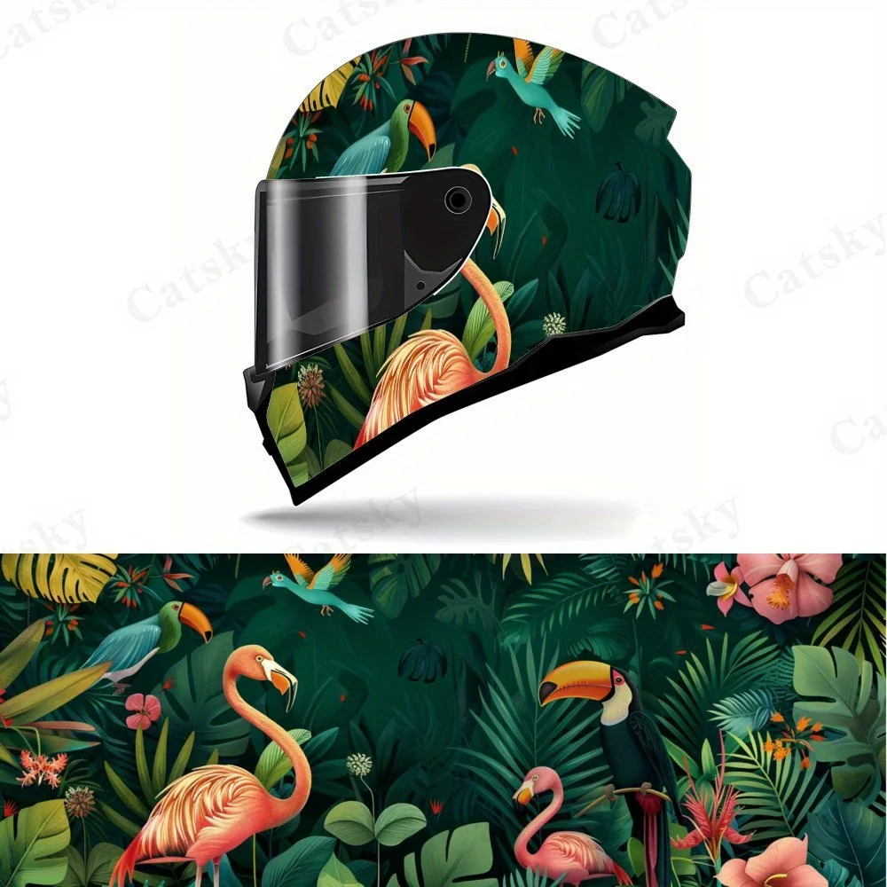 Parrot and Flamingo PVC Motorcycle Helmet Vinyl Wrap, Self-Adhesive Waterproof Sticker, Anti-Scratch Decorative Film for Full Fa
