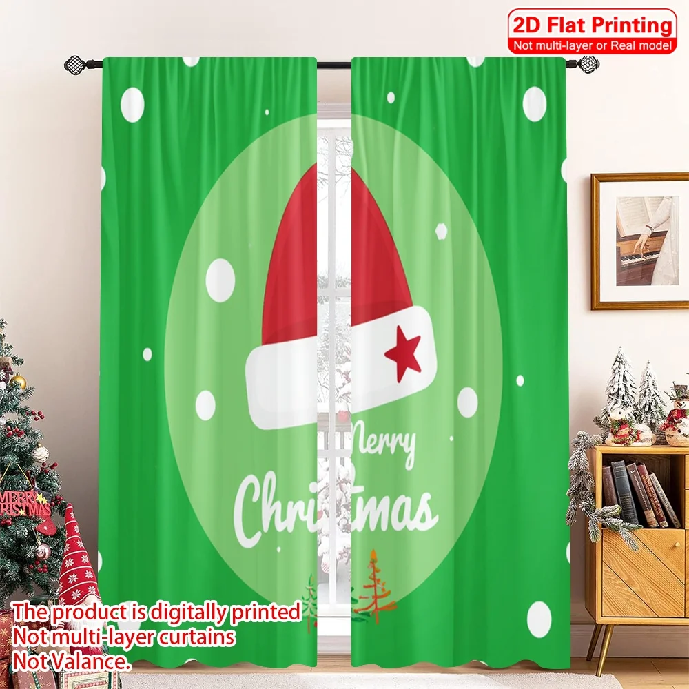 

2pcs 2D flat printing Christmas Curtain Merry Christmas Tree Santa Hat Polyester Fabric Without Electricity Birthday Party Use